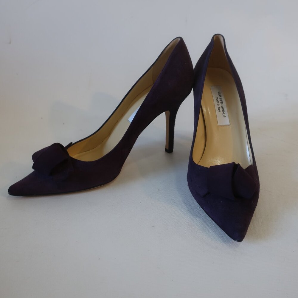 NWOB Womens Saks Fifth Avenue Eggplant Bow Suede Pointed Heels 8